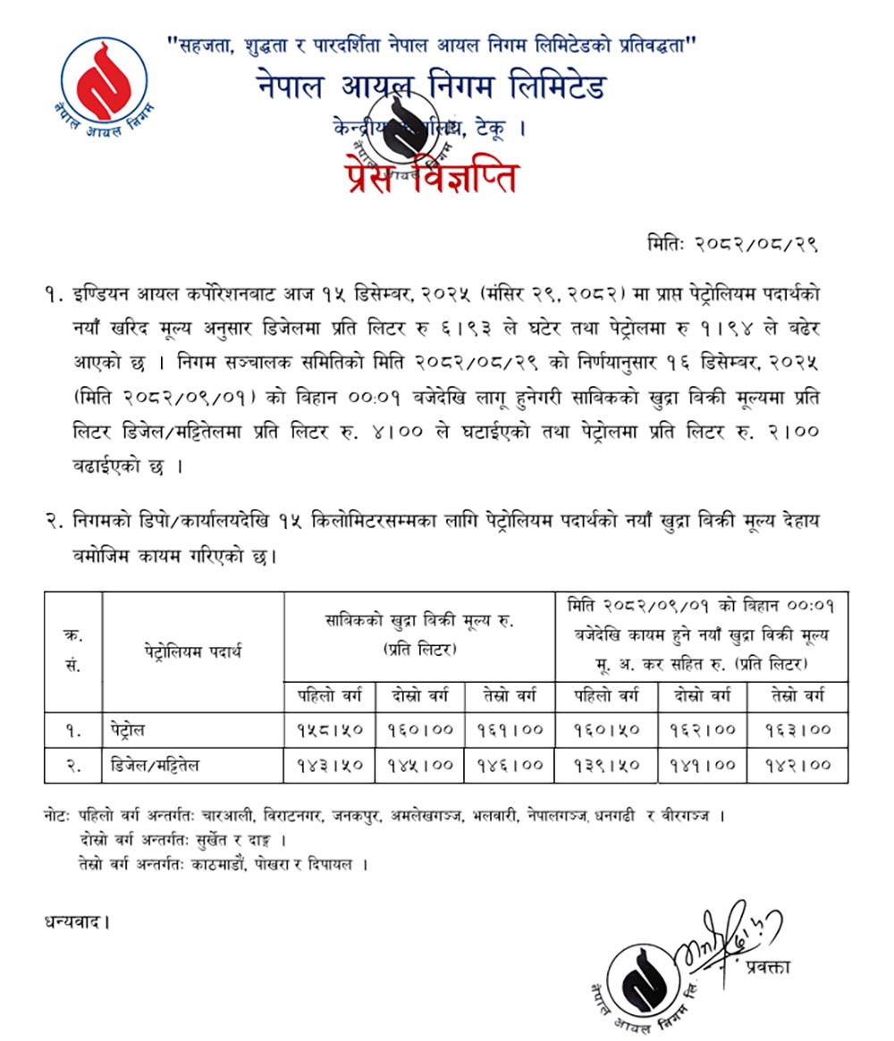 पेट्रोलको मुल्य बढ्यो, डिजलको घट्यो